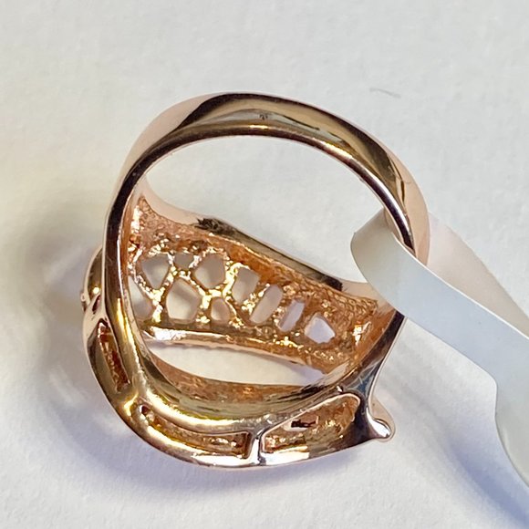 Art Deco Cocktail Ring Size 8 9 Rose Gold Plated Filigree Crystal Vintage Style - Picture 9 of 10